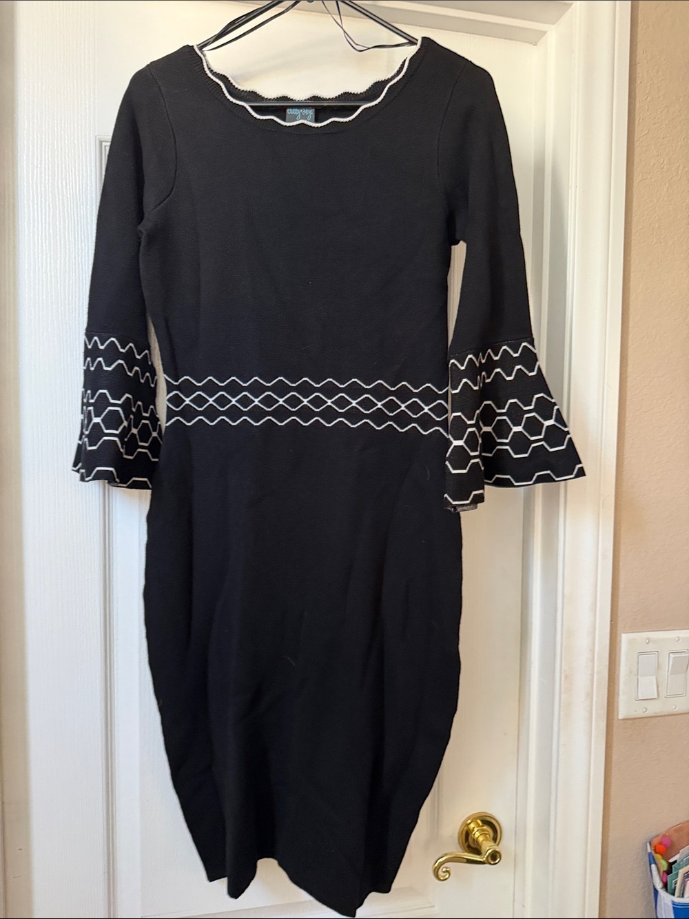 Gabby Skye Black Knit Bell-Sleeve Dress with White Trim